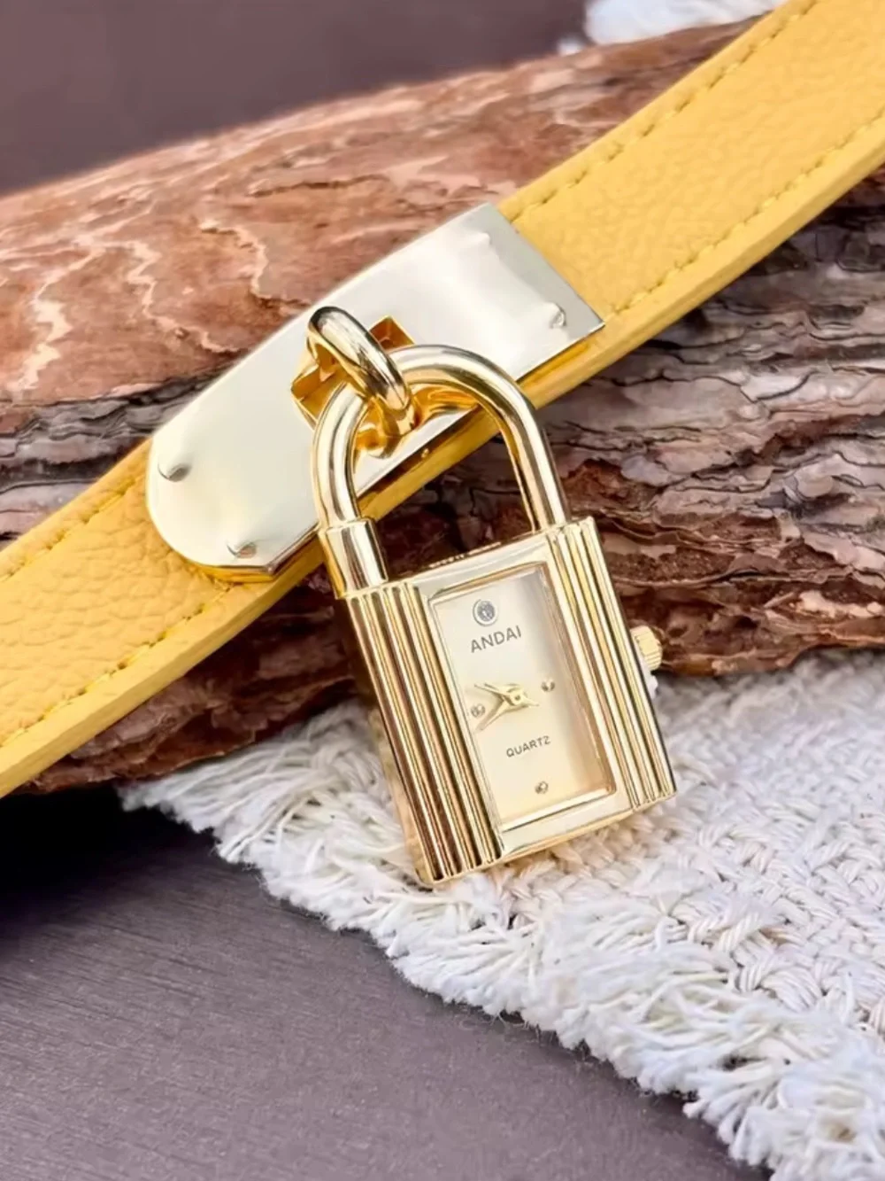 ANDAI Yellow Leather Padlock Charm Watch Bracelet with Gold Hardware